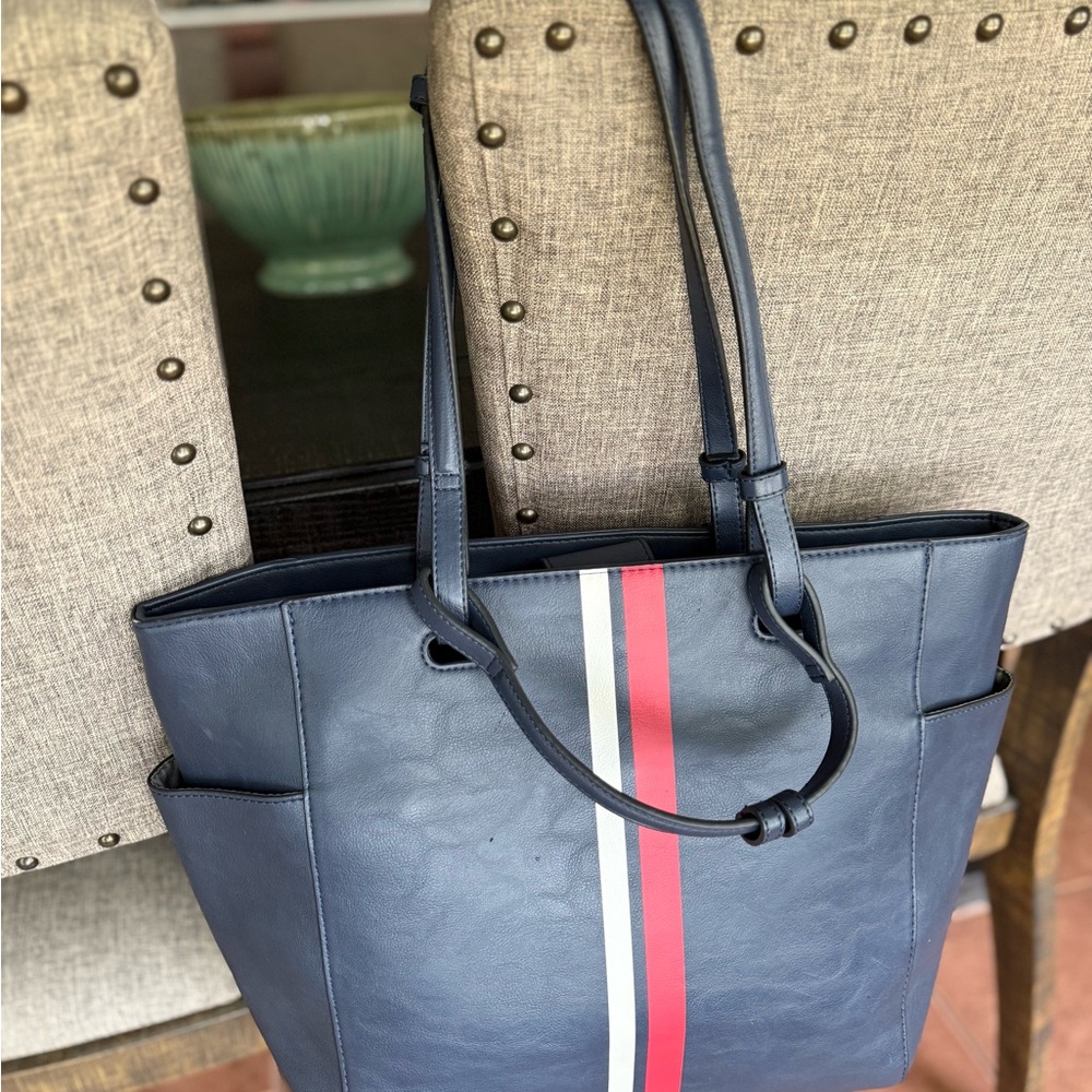 NWOT Alfani Navy Tote with Red and White Stripe